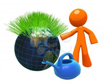 3d Orange Man ready to service the globe, with watering can. Green earth environmental concept.