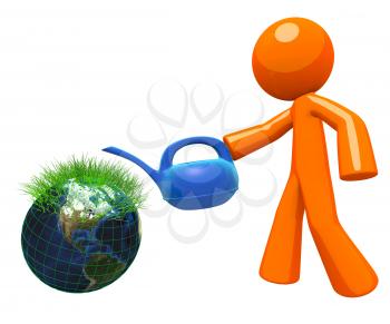 3d Orange Man watering a little earth globe with grass sprouts coming out of it. Concept in earth sustaining and environmental.