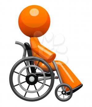 Orange man, sick, impaired, or disabled, in a wheel chair. Viewed from the side, orthographic render. 