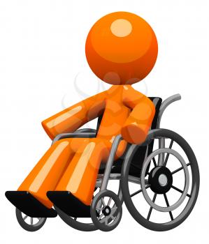 Disability, impairment, or hospital visit concept. An orange man in a wheel chair, moving about independently with confidence and increasing wellness. 