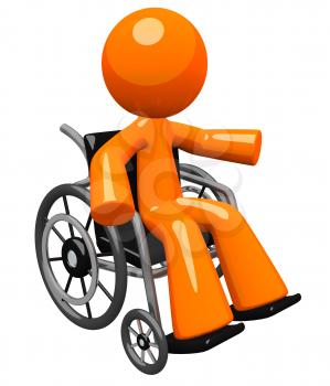 An orange man with his arm out gesturing, in a wheel chair. Perhaps he is disabled or recoving. Great hospital and wellness image to represent care and service to patient.