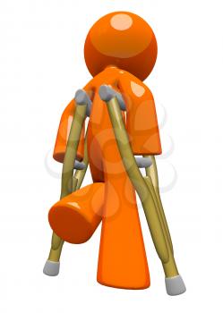 An orange man with crutches, walking away, appearing sad or in pain. Rehabilitation and wellness image.