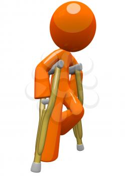 An orange man with crutches, moving about and finding his way. He is still a little challenged with his break and fractures, but still on the way to recovery! Use this image for medical purposes and a