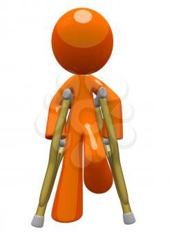 Orange man with crutches front view. Basic concept in patient care and recovery. 