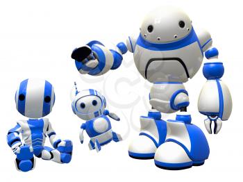Three robot friends sitting together in unity, happy and together.