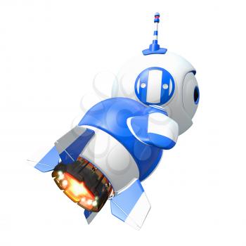 Little blue rocket bot blasting off toward new discoveries. 