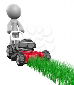3d lady pushing a lawn mower white background