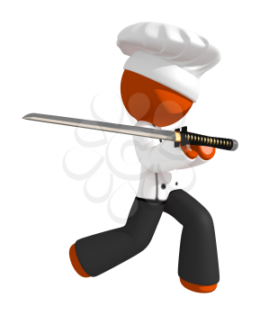 Orange Man Chef Ninja Warrior Pose with Ninja Sword