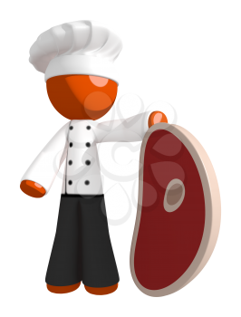Orange Man Chef Holding Giant Steak