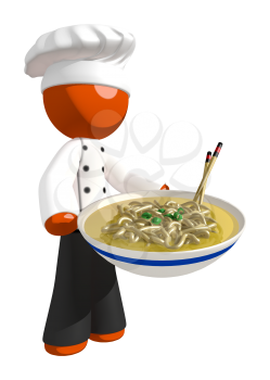 Orange Man Chef holding Bow of Noodles