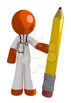 Orange Man doctor Holding Giant Pencil