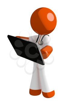 Orange Man doctor Holding Tablet or Computer Device