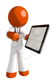 Orange Man doctor Showing Electronic Computer Tablet to Viewer