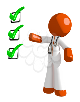 Orange Man doctor Pointing Green Checkmark List