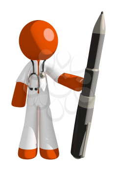 Orange Man doctor Holding Giant Pen