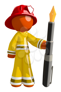 Orange Man Firefighter Holding Large Fountain Pen
