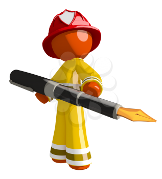Orange Man Firefighter Holding Large Fountain Pen