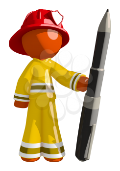Orange Man Firefighter Holding Large Pen