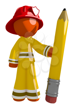 Orange Man Firefighter Holding Giant Pencil