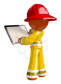 Orange Man  Firefighter Using Tablet with Blank Space for Design