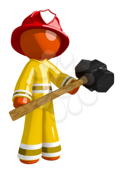 Orange Man Firefighter Holding Sledge Hammer
