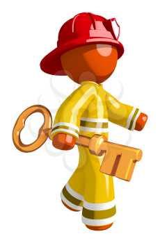 Orange Man Firefighter Walking With Huge Key