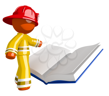 Orange Man Firefighter Reading Regulations Book