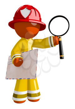 Orange Man Firefighter Holding Envelope and Magnifying Glass