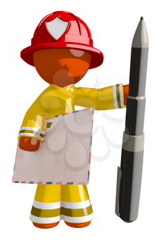 Orange Man Firefighter with Envelope and Giant Pen