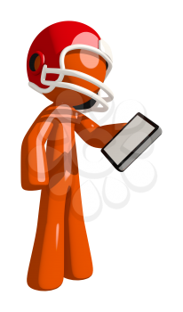 Football player orange man checking his tablet.