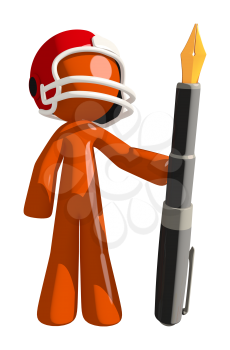 Football player orange man using a giant pen possibly checking score.
