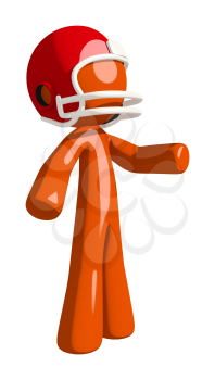 Football player orange man gesturing to the side possibly handing out tickets.