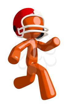 Football player orange man to the right at top speed escaping or chasing the ball.