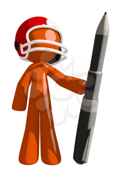 Football player orange man using a giant pen possibly checking score.