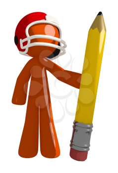 Football player orange man holding a giant score keeping pencil.