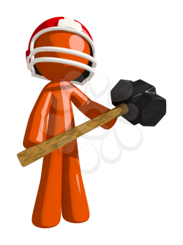 Football player orange man ready to crush competition with sledge hammer.