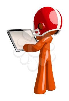 Football player orange man holding a tablet likely using a sports app rear view.