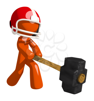 Football player orange man crushing his competition with a sledge hammer.