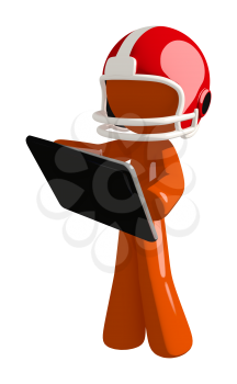 Football player orange man holding a tablet likely using a sports app.