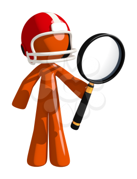 Football player orange man holding giant magnifying glass looking at something.