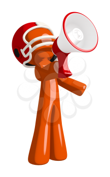 Football player orange man sports commentator  with a red helmet shouting updates through his megaphone.