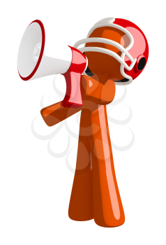 Football player orange man shouting updates through a megaphone. He is a sports commentator  or announcer.