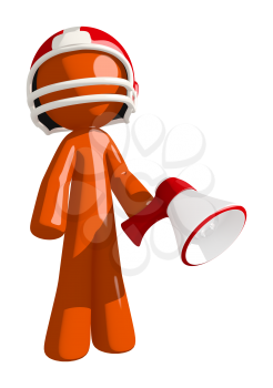 Football player orange man with a red helmet holding a red bullhorn.