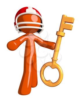 Football player orange man holding a giant key
