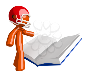 Football player orange man reading a book on football strategy