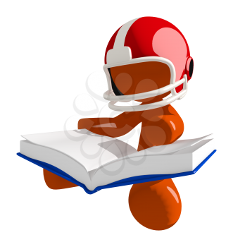 Football player orange man reading a book while sitting down. Its a really big book.
