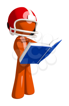 Football player orange man reading a book while standing ready for game.