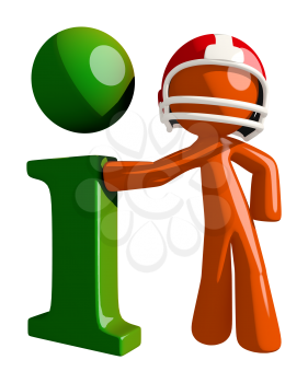 Football player orange man standing beside a giant info symbol.