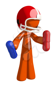 Football player orange man choosing whether or not to take steroids or personal enhancements drugs.