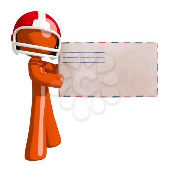 Football player orange man delivering a large envelope